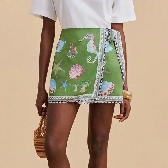 Green Boho Women's Marine Life Print Casual Skirt - Picture 4 of 6